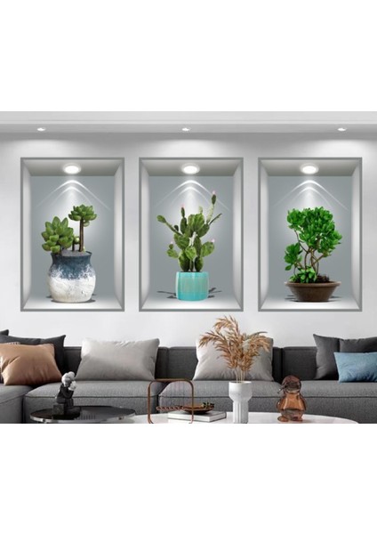 3d Çiçek Vazo Duvar Sticker 3 Lü Set Gri Fon (4915) modelleri