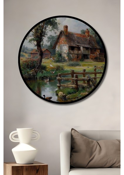 Çerçeve Görünümlü Kır Evi Manzarası Ahşap Mdf Dekoratif Ev Duvar Tablo Yuvarlak Ev Duvar Tablo