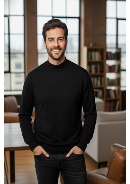 Erkek Ince Yün Triko Örgü Regular Kalıp Baba Yarım Balıkçı Yaka Boğazlı Kazak Bluz 5140