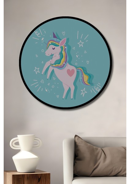 Çerçeve Görünümlü Unicorn Büyülü Rüya Ahşap Mdf Dekoratif Ev Duvar Tablo Yuvarlak Ev Duvar Tablo