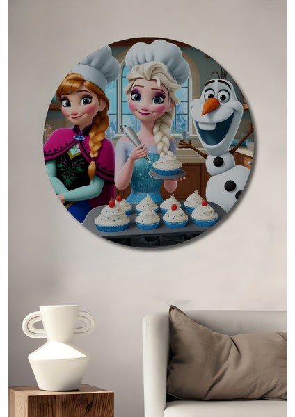 Elsa Anna Olaf Pasta Keyfi Dekoratif Ahşap Mdf Ev/işyeri Duvar Tablo Yuvarlak Ev/işyeri Duvar Tablo