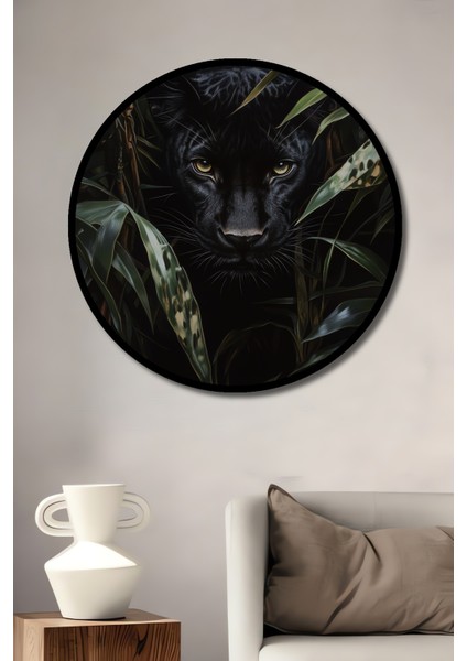 Çerçeve Görünümlü Gızemlı Siyah Panter Dekoratif Ahşap Mdf Ev Duvar Tablo Yuvarlak Ev Duvar Tablo