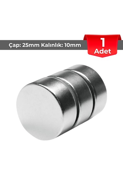 [1 Adet] Neodyum Mıknatıs Çap: 25MM Kalınlık: 10MM [D25X10] Ndfeb Güçlü Mıknatıs – Yuvarlak [N021]