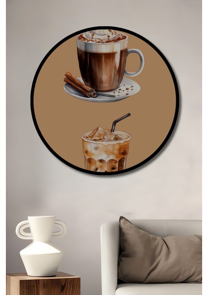 Çerçeve Görünümlü Kahve Tutkusu Dekoratif Ahşap Mdf Ev Duvar Tablo Yuvarlak Ev Duvar Tablo
