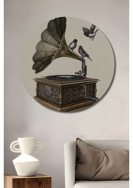 Nostaljik Gramofon ve Kuşlar Dekoratif Ahşap Mdf Tablo Yuvarlak Tablo