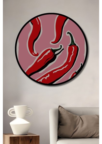 Çerçeve Görünümlü Kırmızı Biberler Dekoratif Ahşap Mdf Ev Duvar Tablo Yuvarlak Ev Duvar Tablo