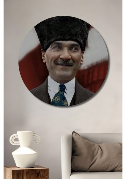 Atatürk Dekoratif Ahşap Mdf Ev/işyeri Duvar Tablo Yuvarlak Ev/işyeri Duvar Tablo