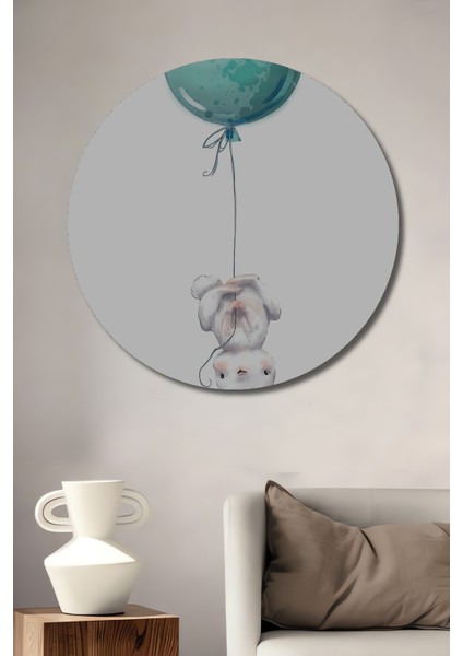 Sevimli Tavşan ve Balon ile Dekoratif Ahşap Mdf Işyeri Duvar Tablo Yuvarlak Işyeri Duvar Tablo