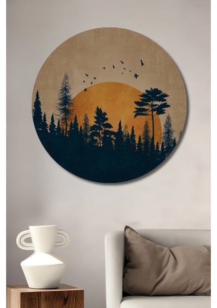 Gün Batımı Orman Dekoratif Ahşap Mdf Ev/işyeri Duvar Tablo Yuvarlak Ev/işyeri Duvar Tablo