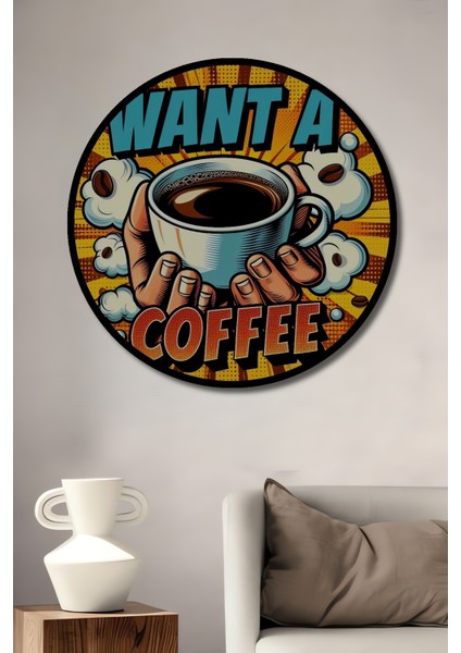Çerçeve Görünümlü Kahve Zamanı Ahşap Mdf Dekoratif Işyeri Duvar Tablo Yuvarlak Işyeri Duvar Tablo