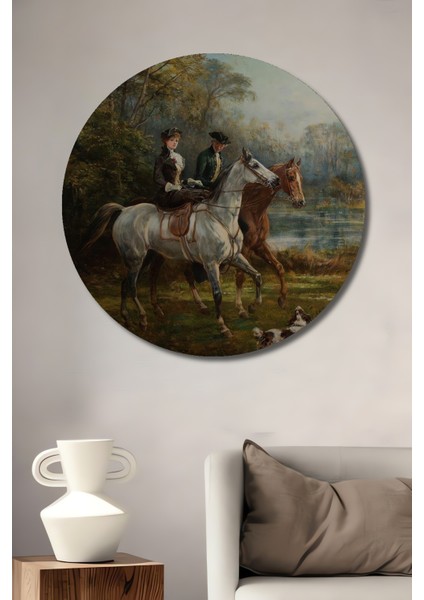 Atlı Gezinti Manzaralı Dekoratif Ahşap Mdf Ev/işyeri Duvar Tablo Yuvarlak Ev/işyeri Duvar Tablo