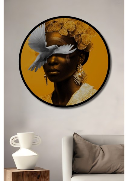 Çerçeve Görünümlü Gızemlı Kadın ve Beyaz Güvercinler Ahşap Mdf Dekoratif Tablo Yuvarlak Tablo