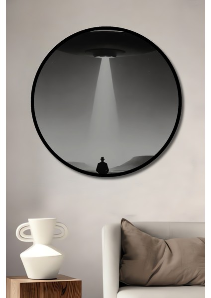 Çerçeve Görünümlü Ufo ile Buluşma Dekoratif Ahşap Mdf Ev Duvar Tablo Yuvarlak Ev Duvar Tablo