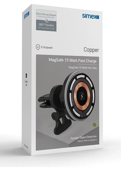 Simex Copper 15W Hızlı Manyetik Araç Içi Metal Magsafe Kablosuz Şarj Standı ve Telefon Tutucu fırsatları