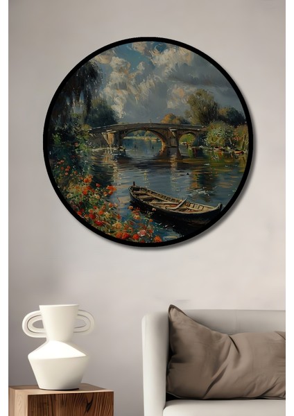 Çerçeve Görünümlü Göl Kıyısında Köprü Dekoratif Ahşap Mdf Ev Duvar Tablo Yuvarlak Ev Duvar Tablo