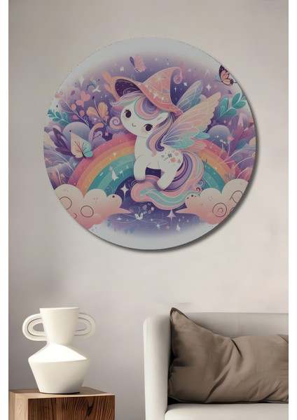 Unicorn ve Gökkuşağı Dekoratif Ahşap Mdf Ev/işyeri Duvar Tablo Yuvarlak Ev/işyeri Duvar Tablo
