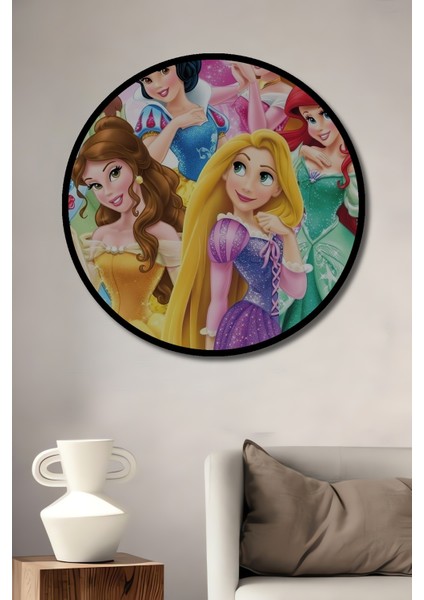 Çerçeve Görünümlü Prensesleri Ahşap Mdf Dekoratif Işyeri Duvar Tablo Yuvarlak Işyeri Duvar Tablo
