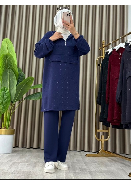 Taş Detaylı Kapüşonlu Fermuarlı Ikili Tunik Takım modelleri