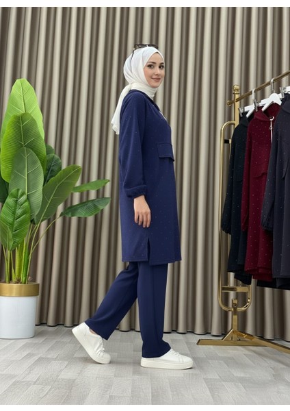 Taş Detaylı Kapüşonlu Fermuarlı Ikili Tunik Takım fırsatları