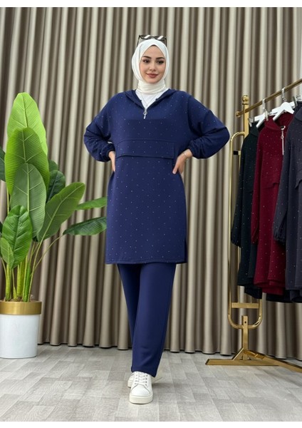 Taş Detaylı Kapüşonlu Fermuarlı Ikili Tunik Takım indirimleri