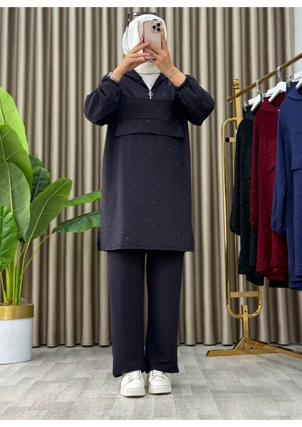 Taş Detaylı Kapüşonlu Fermuarlı Ikili Tunik Takım modelleri