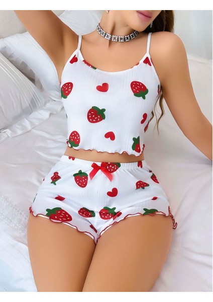 Kadın Beyaz Çilek Desenli Şortlu Pijama Takımı 5053 modelleri