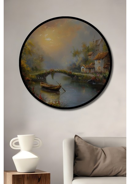 Çerçeve Görünümlü Büyülü Nehir Kıyısı Ahşap Mdf Dekoratif Ev Duvar Tablo Yuvarlak Ev Duvar Tablo