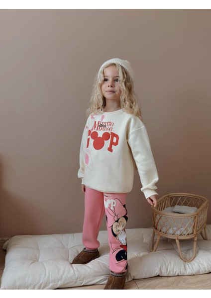 Kız Çocuk Karakter Baskılı Kedili Sweatshirtli Kışlık Takım