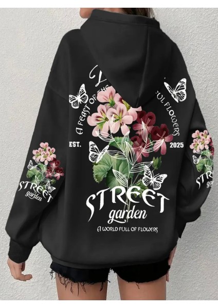 Büyük Beden Özel Tasarım Kapüşonlu Street Garden Sırt Baskılı Oversize Kadın Sweatshırt