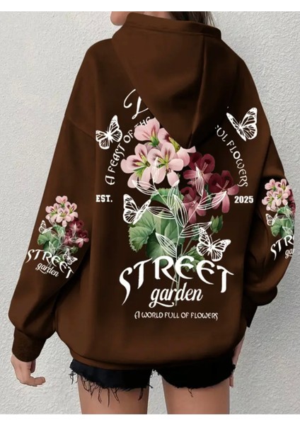 Büyük Beden Özel Tasarım Kapüşonlu Street Garden Sırt Baskılı Oversize Kadın Sweatshırt