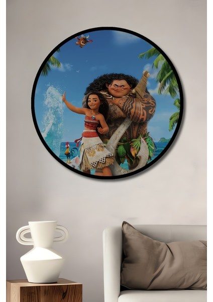 Çerçeve Görünümlü Moana ve Maui Ahşap Mdf Dekoratif Ev Duvar Tablo Yuvarlak Ev Duvar Tablo