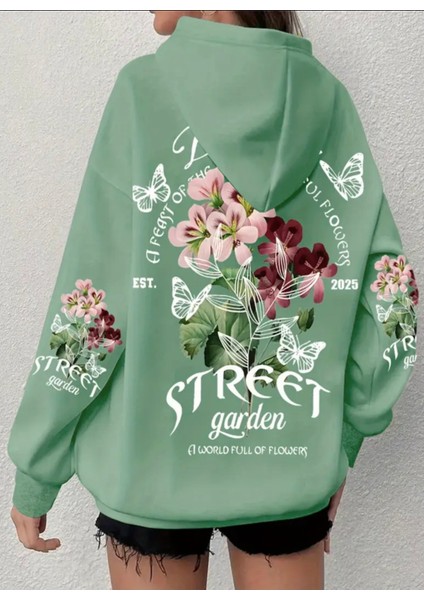 Büyük Beden Özel Tasarım Kapüşonlu Street Garden Sırt Baskılı Oversize Kadın Sweatshırt