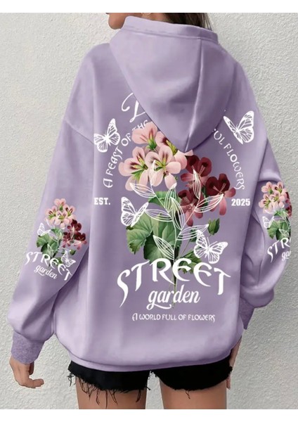 Büyük Beden Özel Tasarım Kapüşonlu Street Garden Sırt Baskılı Oversize Kadın Sweatshırt