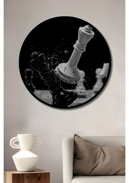 Çerçeve Görünümlü Satranç Tahtasında Kralların Çarpışması Ahşap Mdf Dekoratif Tablo Yuvarlak Tablo