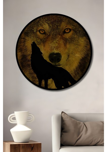 Çerçeve Görünümlü Kurt Temalı Dekoratif Ahşap Mdf Yuvarlak Ev,iş Yeri Duvar Tablo