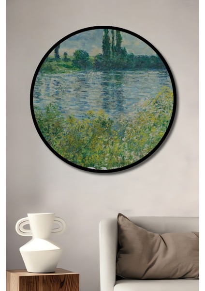 Çerçeve Görünümlü Monet Göl Manzarası Dekoratif Ahşap Mdf Ev Duvar Tablo Yuvarlak Ev Duvar Tablo