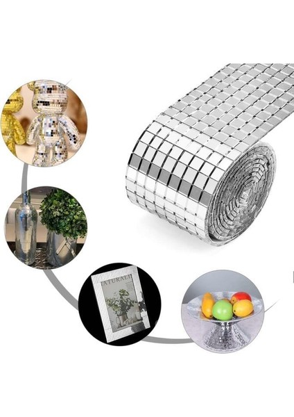 1 Rulo Gümüş Renk Aynalı Mozaik Taşlı Dekor Bant Yapışkanlı Kare Cam Ayna Taş Parti Süsleme Bandı