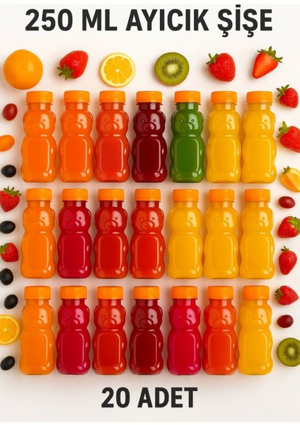 20 Adet Ayıcık Şişe – Turuncu Kapaklı, Okul ve Piknik Için Eğlenceli Çocuk Meyve Suyu Şişesi 250 ml