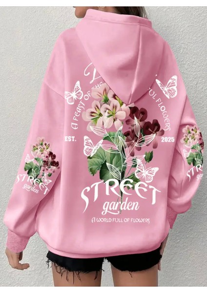 Büyük Beden Özel Tasarım Kapüşonlu Street Garden Sırt Baskılı Oversize Kadın Sweatshırt