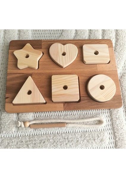 Montessori Tak Çıkar Geometrik Şekiller ve Ip Geçirme Ahşap Oyun Seti