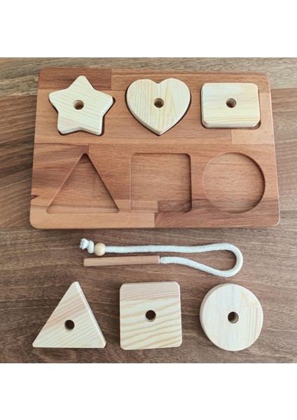 Montessori Tak Çıkar Geometrik Şekiller ve Ip Geçirme Ahşap Oyun Seti modelleri