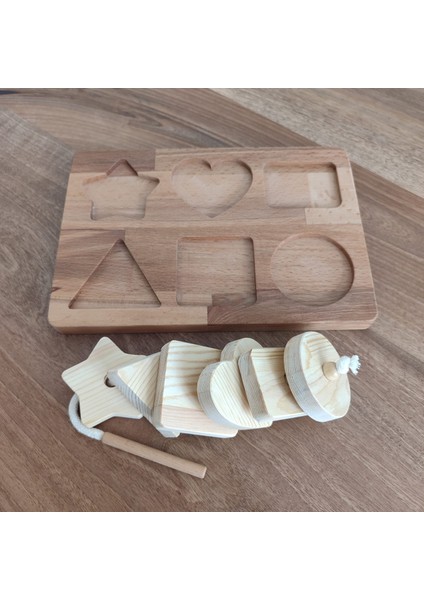 Montessori Tak Çıkar Geometrik Şekiller ve Ip Geçirme Ahşap Oyun Seti fırsatları