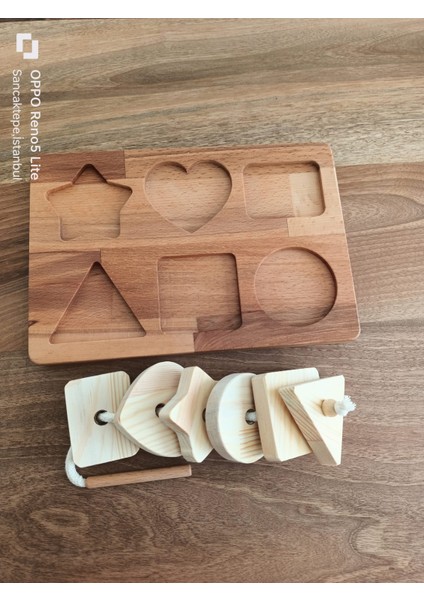 Montessori Tak Çıkar Geometrik Şekiller ve Ip Geçirme Ahşap Oyun Seti indirimleri