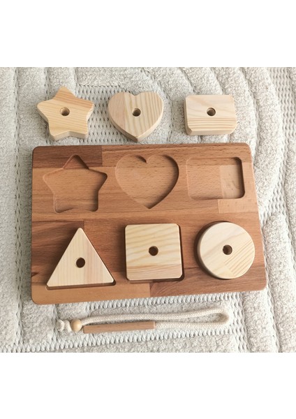 Montessori Tak Çıkar Geometrik Şekiller ve Ip Geçirme Ahşap Oyun Seti