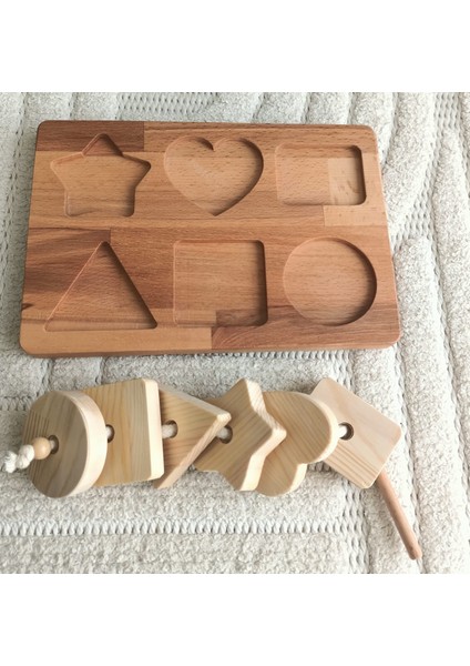 Montessori Tak Çıkar Geometrik Şekiller ve Ip Geçirme Ahşap Oyun Seti