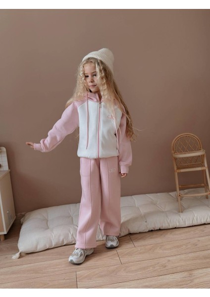 Kız Çocuk Blok Renkli Fermuarlı Sweatshirtli Kışlık Takım