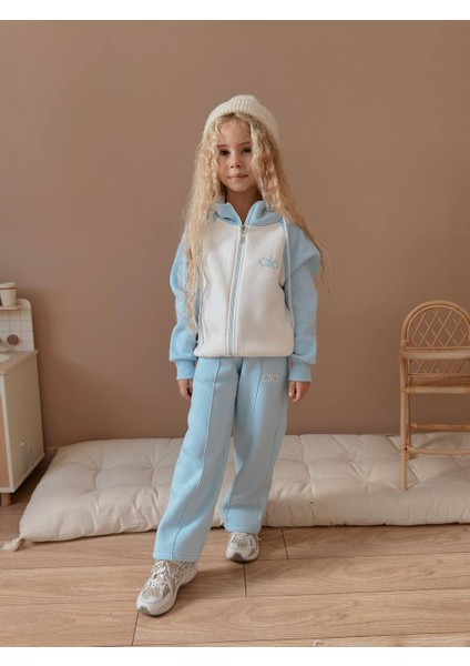 Kız Çocuk Blok Renkli Fermuarlı Sweatshirtli Kışlık Takım