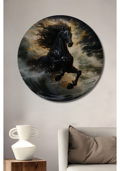 Fırtınalı Dalgalar Üzerinde Siyah At Ahşap Mdf Dekoratif Tablo Yuvarlak Tablo