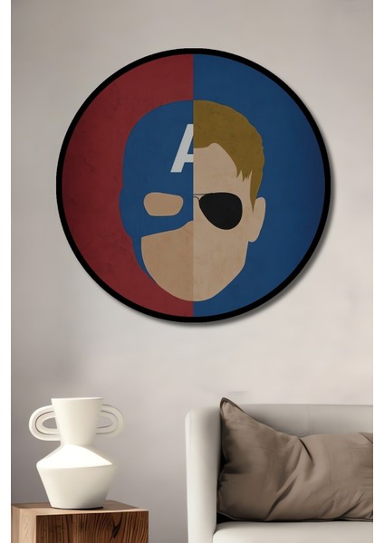 Çerçeve Görünümlü Kaptan Amerika Ahşap Mdf Dekoratif Ev Duvar Tablo Yuvarlak Ev Duvar Tablo