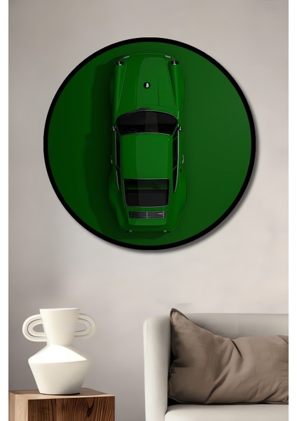 Çerçeve Görünümlü Yeşil Spor Araba Dekoratif Ahşap Mdf Ev Duvar Tablo Yuvarlak Ev Duvar Tablo